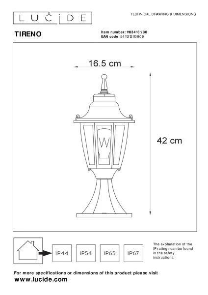 Lucide TIRENO - Pollerleuchte - 1xE27 - IP44 - Schwarz - TECHNISCH